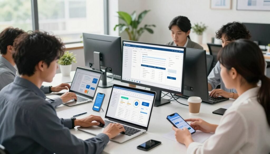 A modern workspace showcasing e-commerce platform integration, with a focus on seamless connectivity. In the foreground, a diverse team of professionals, dressed in smart business attire, collaborate over a sleek laptop displaying data analytics and digital interfaces. The middle ground features various interconnected devices such as tablets, smartphones, and monitors, illustrating the flow of information between e-commerce systems. In the background, a bright, airy office space with large windows and greenery, creating an inviting atmosphere. Soft, natural lighting filters in, enhancing the productivity vibe. The camera angle is slightly elevated, providing a clear view of the interactions and technology. The overall mood is dynamic and innovative, reflecting a forward-thinking approach to e-commerce integration. A modern workspace showcasing e-commerce platform integration, with a focus on seamless connectivity. In the foreground, a diverse team of professionals, dressed in smart business attire, collaborate over a sleek laptop displaying data analytics and digital interfaces. The middle ground features various interconnected devices such as tablets, smartphones, and monitors, illustrating the flow of information between e-commerce systems. In the background, a bright, airy office space with large windows and greenery, creating an inviting atmosphere. Soft, natural lighting filters in, enhancing the productivity vibe. The camera angle is slightly elevated, providing a clear view of the interactions and technology. The overall mood is dynamic and innovative, reflecting a forward-thinking approach to e-commerce integration.