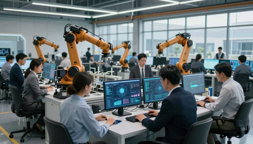 A sleek and modern industrial setting bustling with activity, showcasing the integration of artificial intelligence in various sectors. In the foreground, a diverse group of professionals in business attire collaborate around a high-tech workstation featuring AI-driven tools, analyzing data on digital screens. In the middle ground, automated robotic arms operate alongside workers on a manufacturing line, symbolizing industry efficiency. The background reveals a futuristic factory environment with large windows that let in natural light, emphasizing transparency and innovation. The atmosphere is dynamic and optimistic, with warm lighting that highlights the interaction between humans and AI technology, creating a sense of synergy and progress in modern industry. A sleek and modern industrial setting bustling with activity, showcasing the integration of artificial intelligence in various sectors. In the foreground, a diverse group of professionals in business attire collaborate around a high-tech workstation featuring AI-driven tools, analyzing data on digital screens. In the middle ground, automated robotic arms operate alongside workers on a manufacturing line, symbolizing industry efficiency. The background reveals a futuristic factory environment with large windows that let in natural light, emphasizing transparency and innovation. The atmosphere is dynamic and optimistic, with warm lighting that highlights the interaction between humans and AI technology, creating a sense of synergy and progress in modern industry.