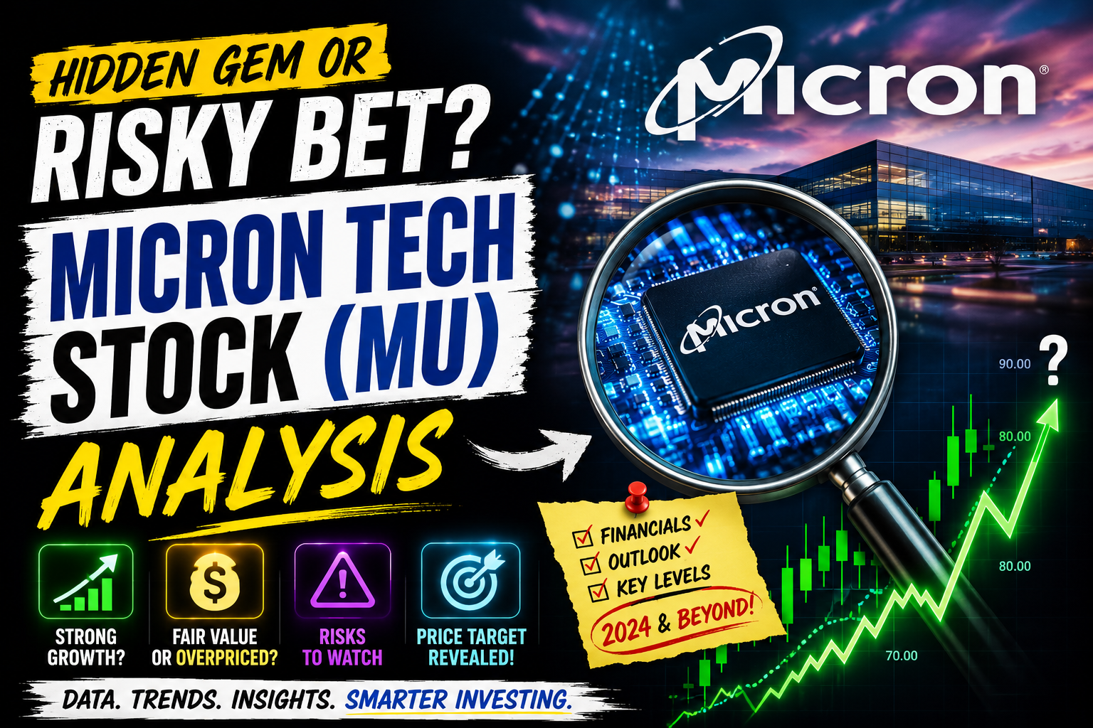 Micron Tech Stock (MU) analysis thumbnail featuring Micron chip, stock price chart, growth potential, risks, valuation, and price target