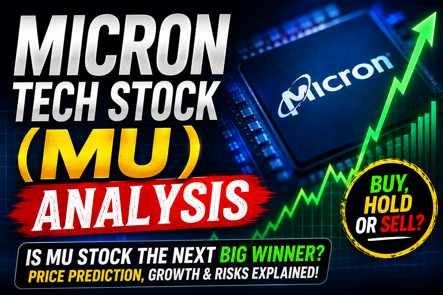Micron Technology stock (MU) analysis thumbnail showing Micron chip, stock market chart, price prediction, and buy hold or sell analysis